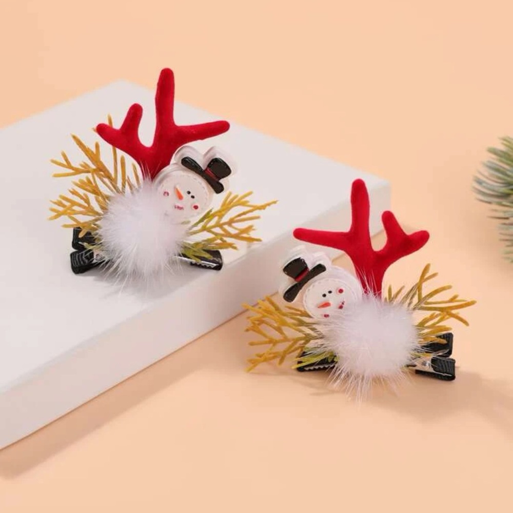 🦌 Awesome Pair Of Elk Reindeer Deer Antler Snowman Pompom Hair Clips ⛄️